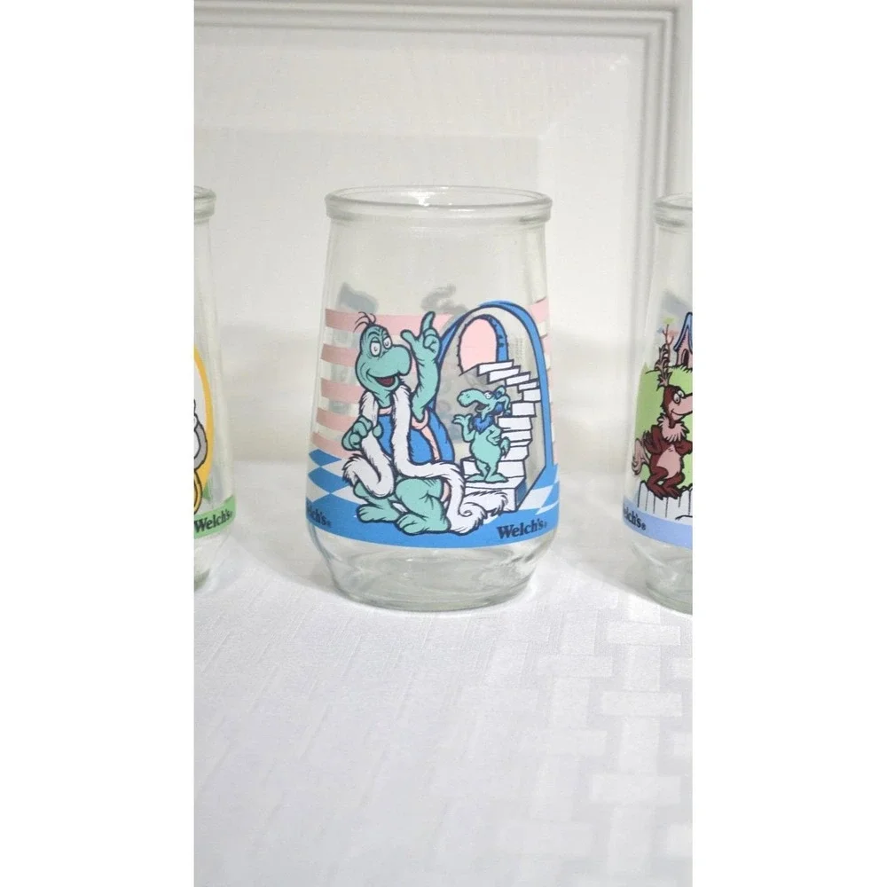 Vintage 1996 Welch Cat in The Hat Glass Jelly Jars, Complete Set of 6 Jars